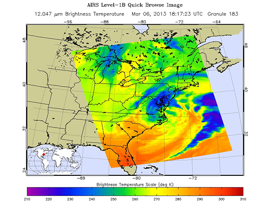 Sample AIRS Level-1B Browse Image, depicting a U.S. East Coast severe storm