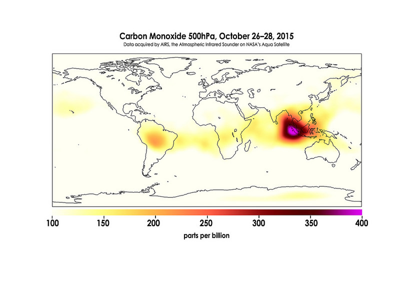Carbon Monoxide in the Mid-Troposphere over Indonesia Fires, October 26-28, 2015